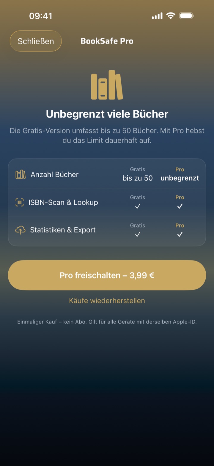 BookSafe Pro — einmaliger Kauf statt Abo