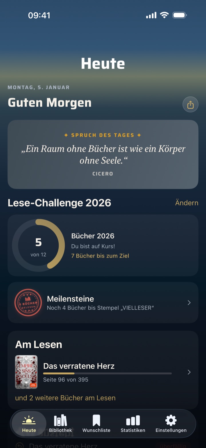 Heute-Tab mit Spruch des Tages, Jahresziel und Terminen
